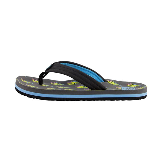 Dark gray kids' flip flop with a black-and-blue thong strap and neon graphic footbed