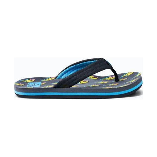 Kids' flip-flop sandal with black strap, dark patterned footbed, and bright blue side stripe