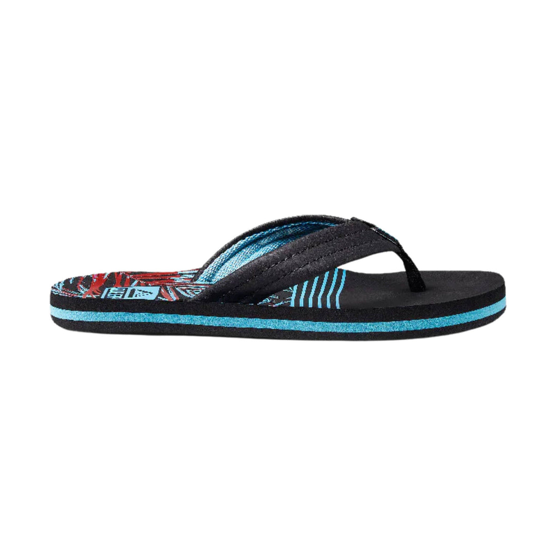 Black flip-flop with blue and turquoise straps and a patterned footbed