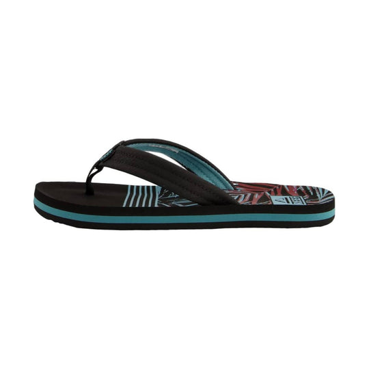 Black flip-flop sandal with turquoise side stripe and patterned footbed