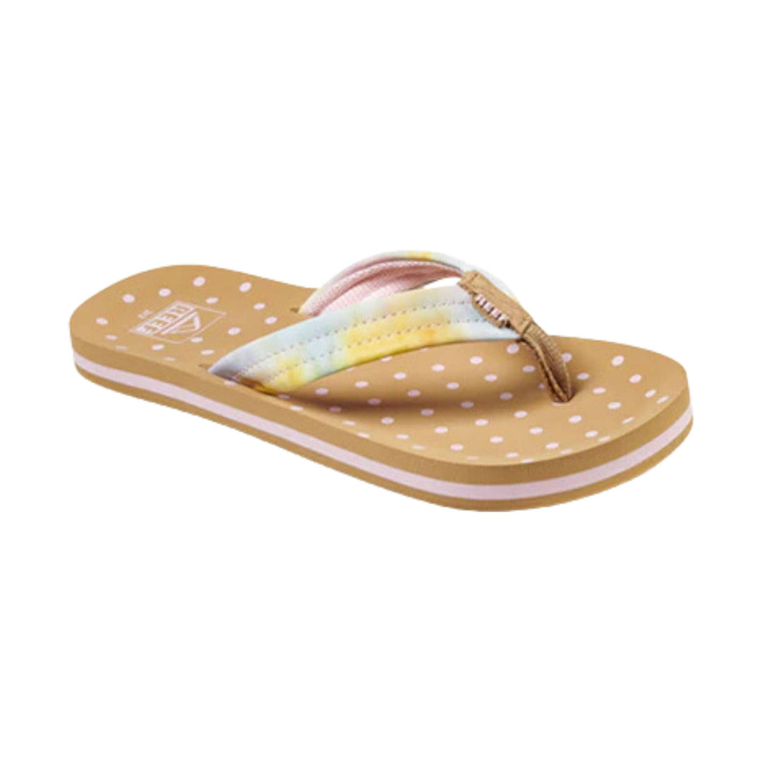 Tan polka dot flip flop with pastel strap and white sole