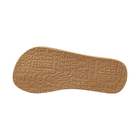 Tan sandal outsole with repeated Reef logo tread pattern