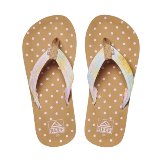 Tan flip flops with white polka dots and pastel watercolor straps, shown as a pair.