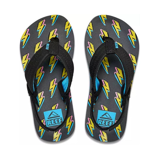 Black flip-flops with gray footbeds and colorful lightning bolt print