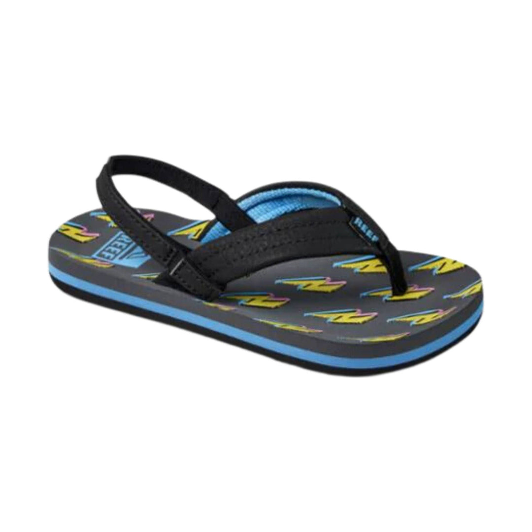 Black kids' flip flop with blue side stripe and colorful patterned footbed