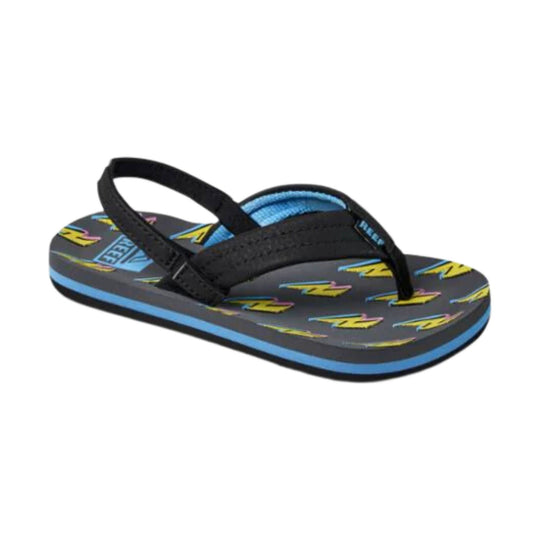 Black kids' flip flop with blue side stripe and colorful patterned footbed