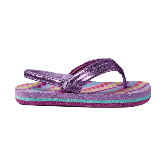Lavender glitter flip flop with a multicolor heart-pattern footbed