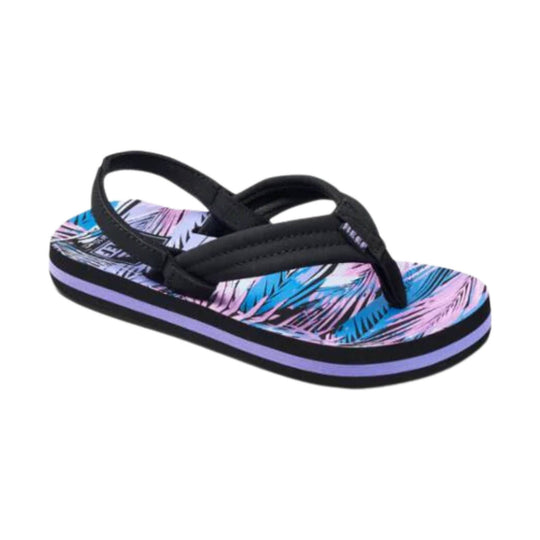 Kids’ flip-flop sandal with black straps and a colorful palm-leaf print footbed