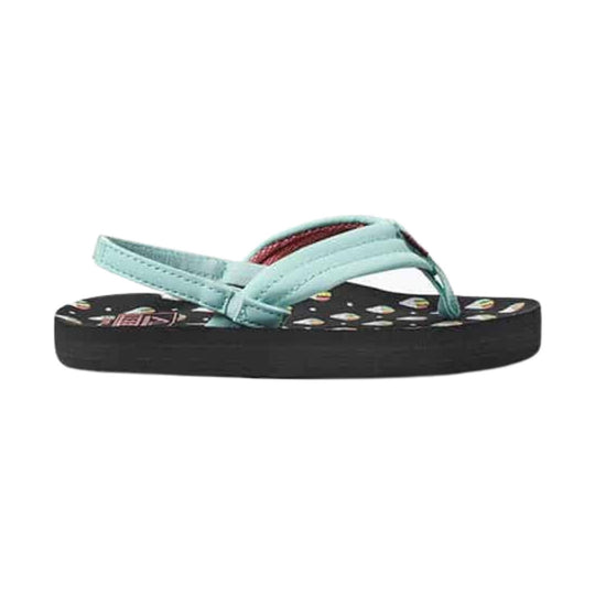 Light aqua flip flop with a black patterned sole and toe post strap