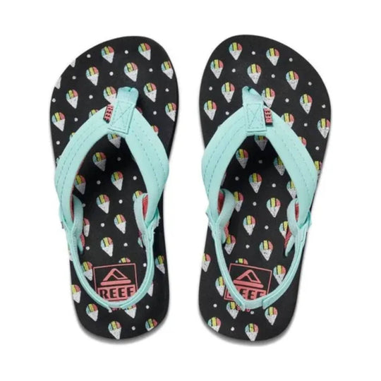 Black flip flops with colorful ice cream cone print and mint green straps, with REEF logo on the footbeds