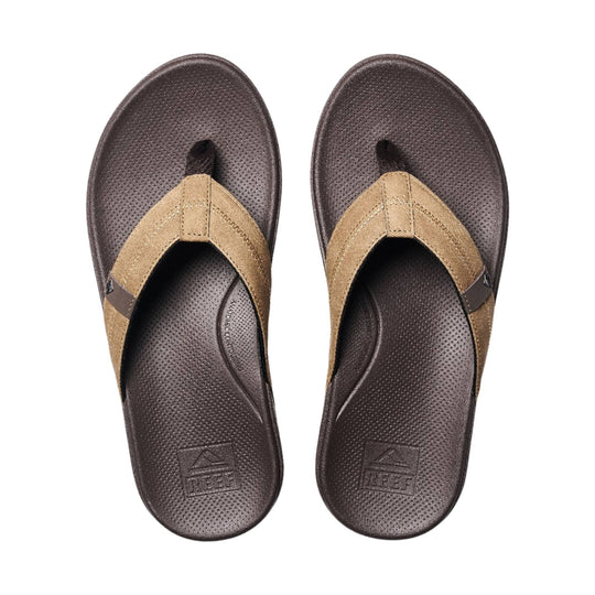 Brown thong flip-flop sandals with tan textile straps and molded footbeds