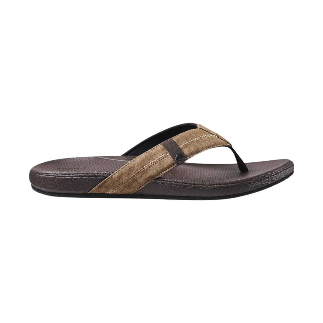 Brown flip-flop sandal with a tan fabric strap and dark footbed, side view