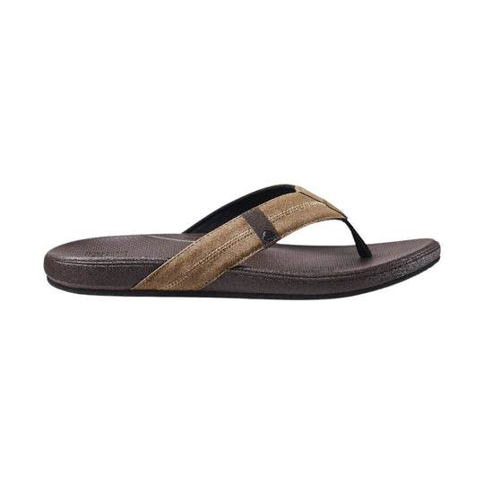 Brown flip-flop sandal with a tan fabric strap and dark footbed, side view