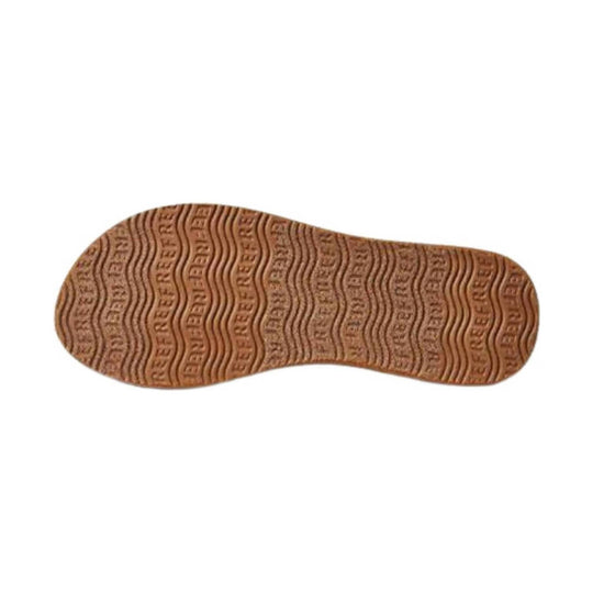 Brown sandal outsole with wavy tread and repeated REEF branding