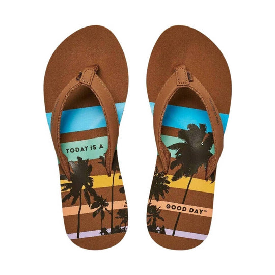 Brown thong flip flops with palm tree print and turquoise, yellow, and tan stripes