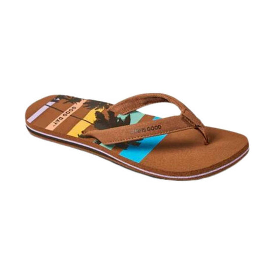 Brown thong flip-flop with a patterned footbed and printed straps