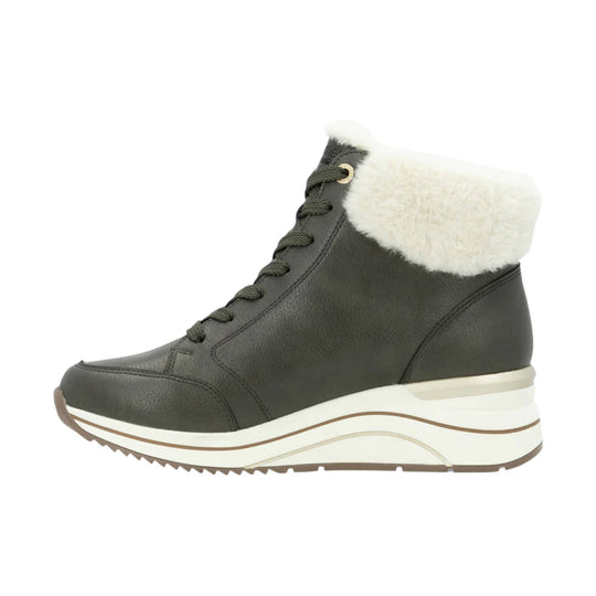 Dark lace-up ankle boot with white faux-fur collar, cream sole, and brown tread
