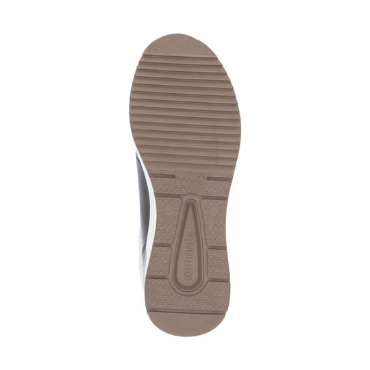 Brown shoe sole with ribbed tread and embossed Remonte branding