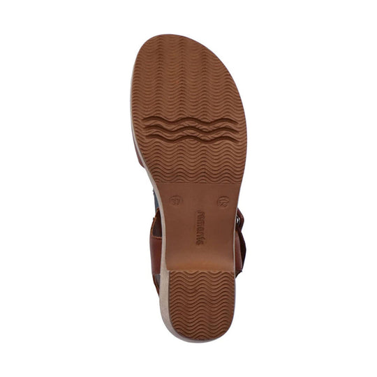 Brown sandal sole with wavy tread pattern and visible Remonte branding