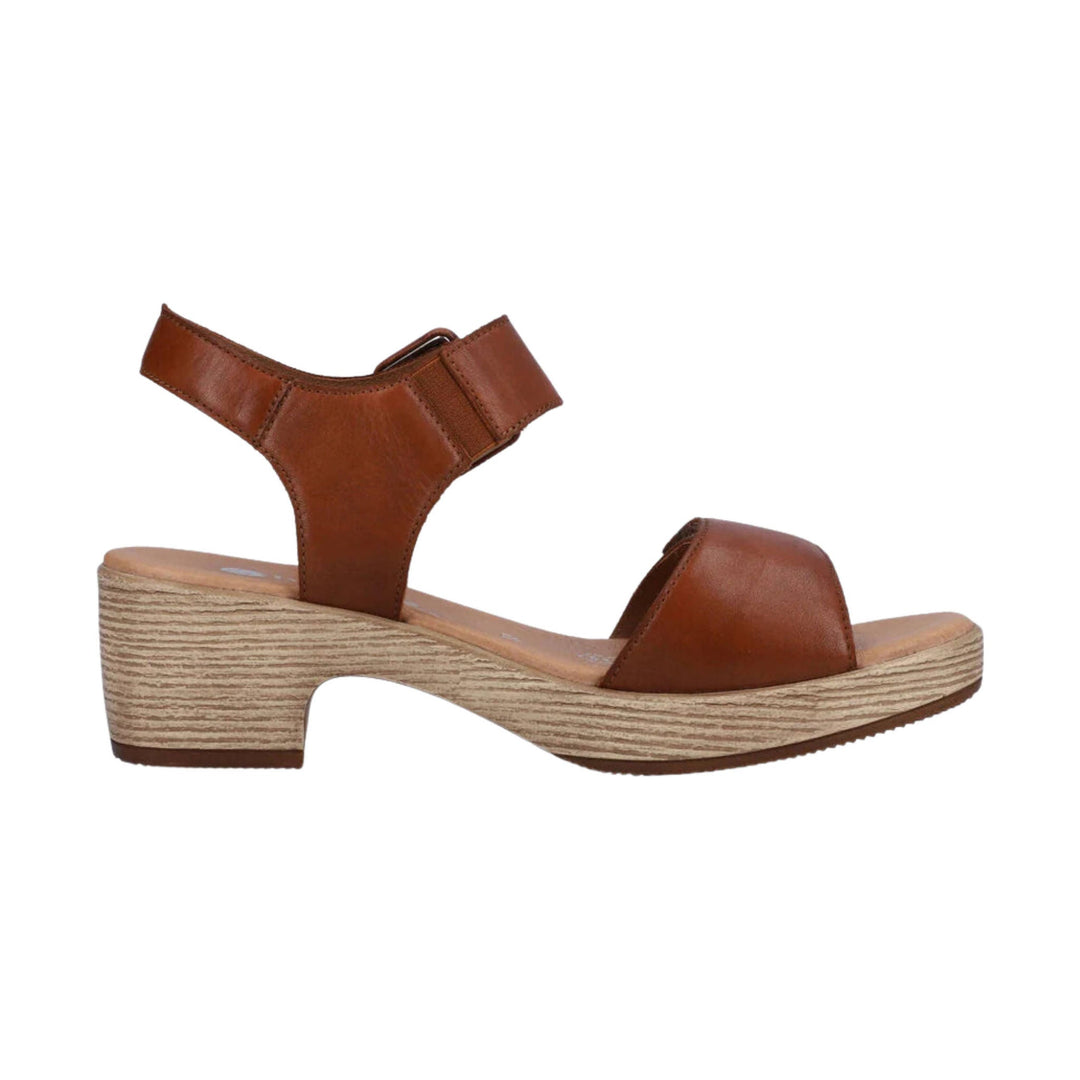 Brown leather ankle-strap wedge sandal with cork-look platform heel