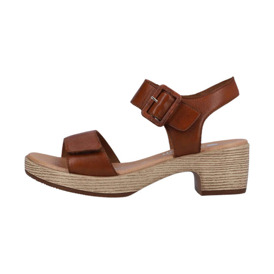 Brown leather sandal with wide straps, buckle closure, and a wood-look block heel