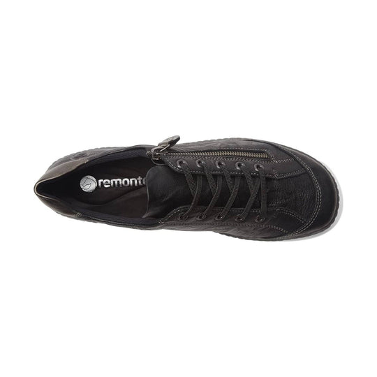 Black lace-up casual shoe with side zipper and stitched detailing, shown from above