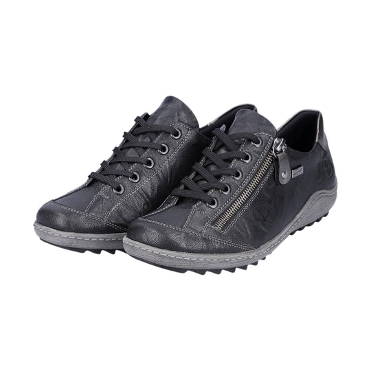 Black leather low-top sneakers with laces and side zippers