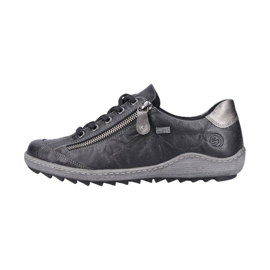 Black low-top lace-up shoe with side zipper, gray midsole, and metallic heel accent