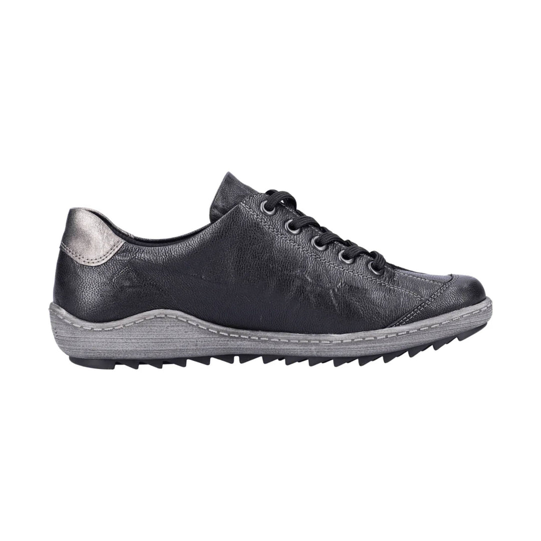 Black leather lace-up casual shoe with gray sole and metallic heel accent