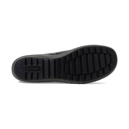 Black shoe outsole with lug tread and embossed remonte logo