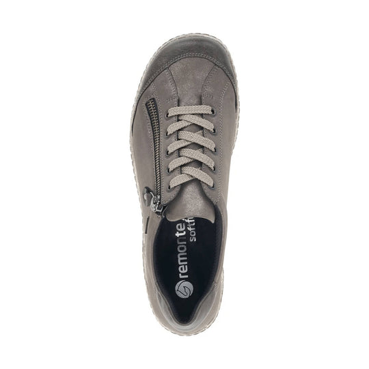 Gray low-top sneaker with laces, side zipper, and branded insole