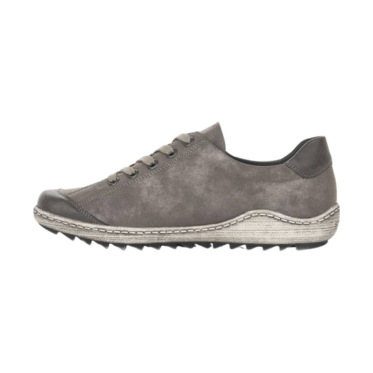 Gray low-top lace-up casual shoe with a textured sole and toe cap