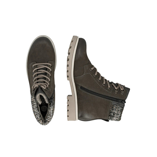 Brown ankle boots with knit collar, side zipper, and lug soles, shown in top and side view