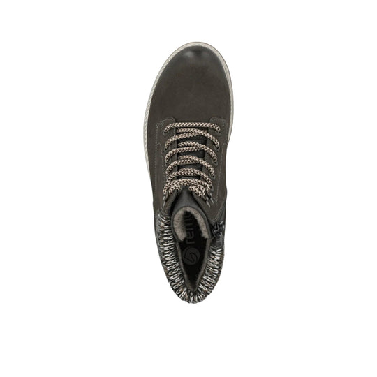 Gray ankle boot seen from above with patterned laces and a knit collar