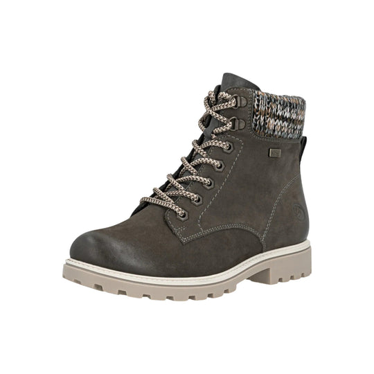Dark ankle boot with knit collar, bungee laces, and light treaded sole