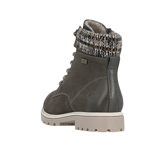 Dark brown lace-up ankle boot with knit cuff and beige lug sole