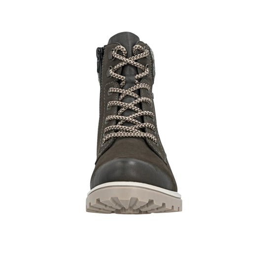 Brown lace-up ankle boot with a black toe cap, side zipper, and light lug sole