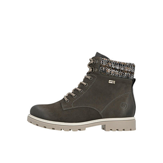 Dark brown lace-up ankle boot with knit collar and light beige lug sole