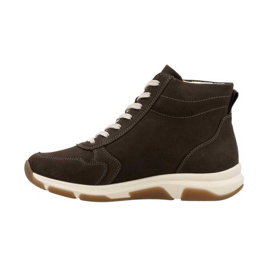 Brown suede lace-up ankle boot with white laces and a white-and-gum sole