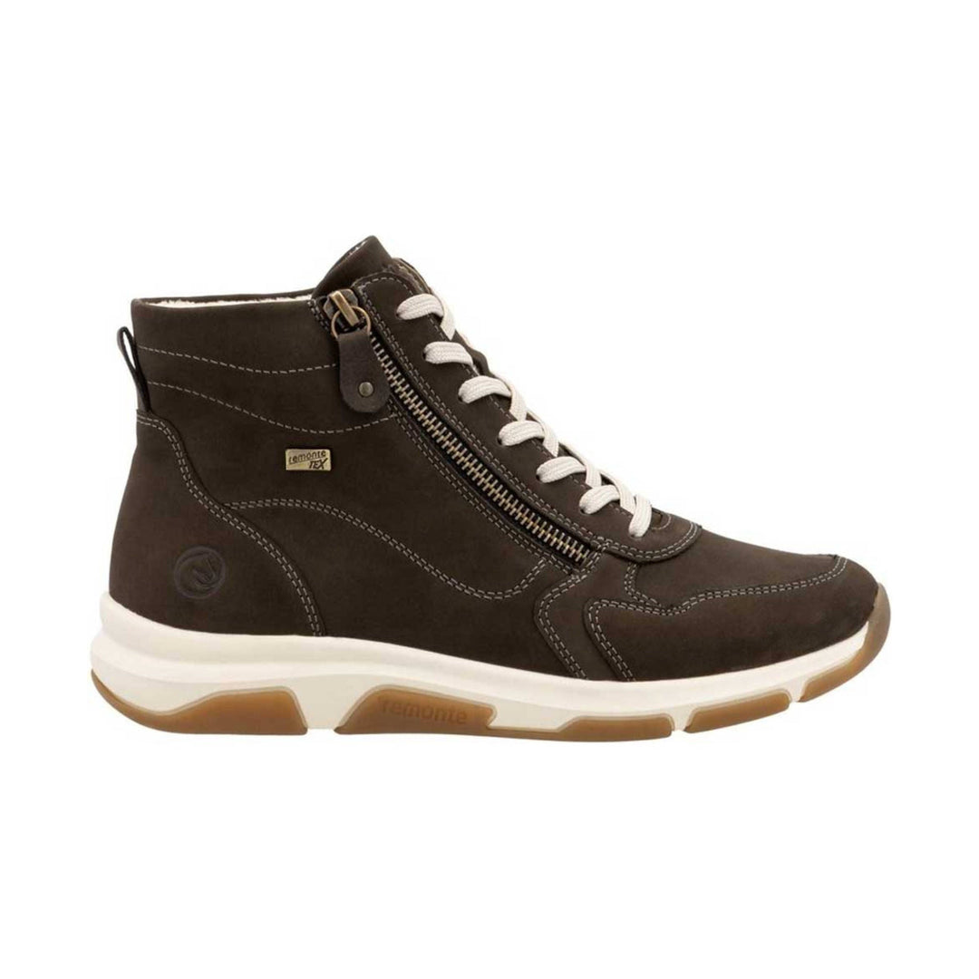 Brown ankle boot with white laces, side zipper, and gum sole