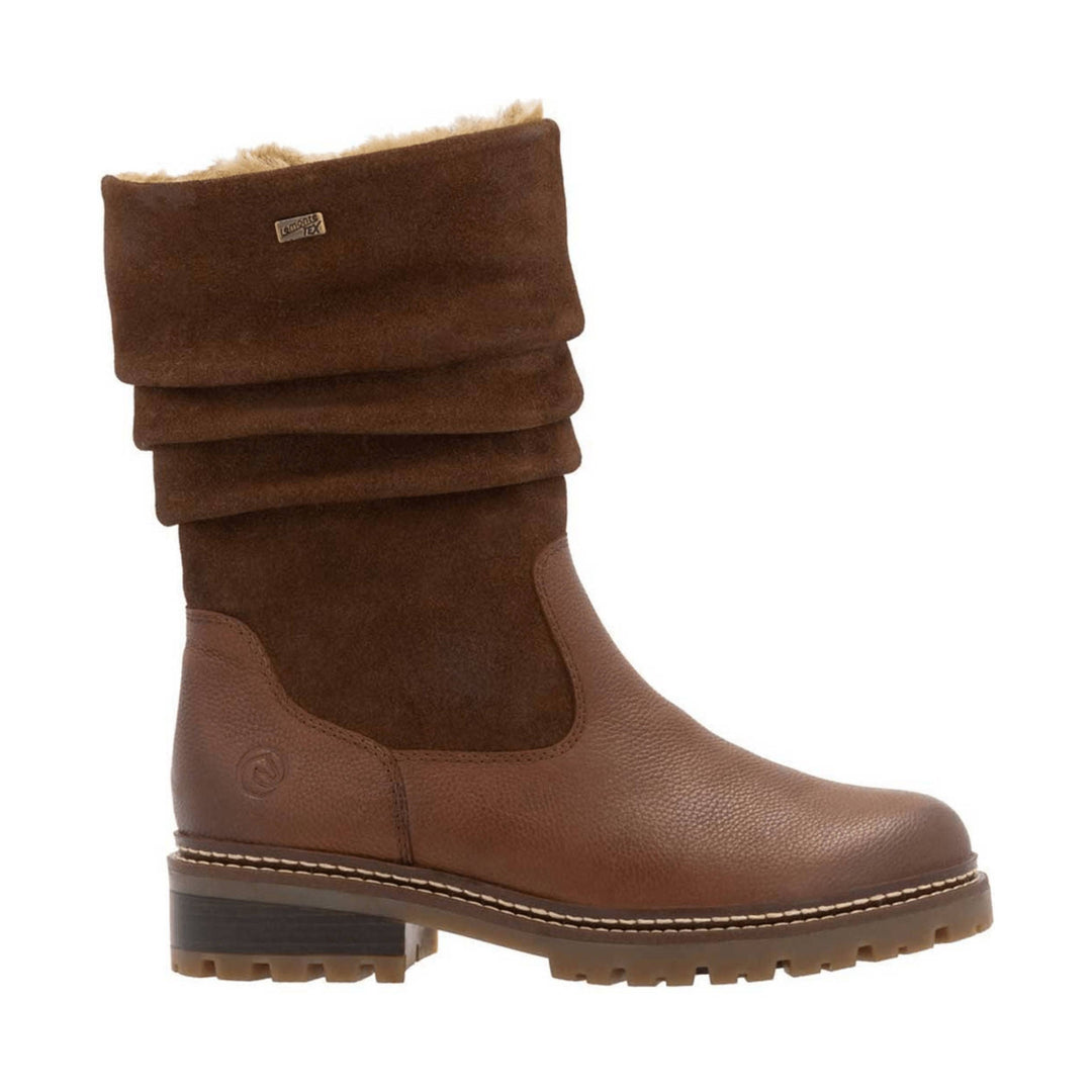 Brown suede mid-calf boot with folded cuff, leather foot, and rugged lug sole