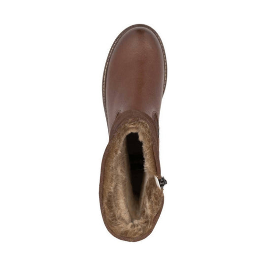 Brown mid-calf boot with faux-fur lining and side zipper