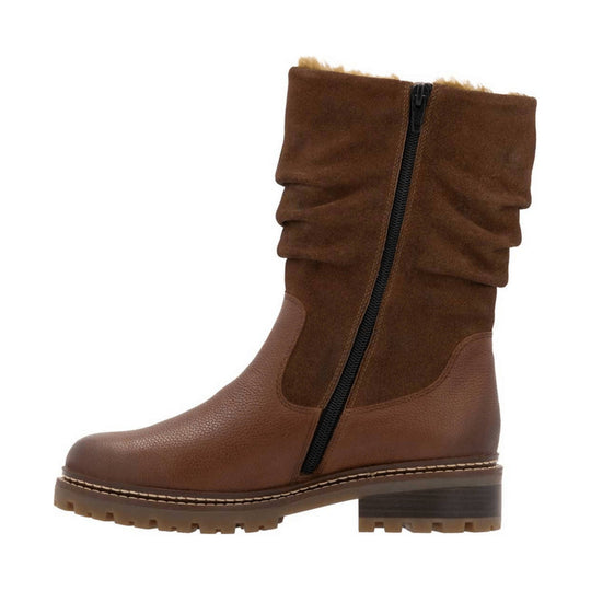 Brown suede mid-calf boot with ruched shaft, black side zipper, and lug sole