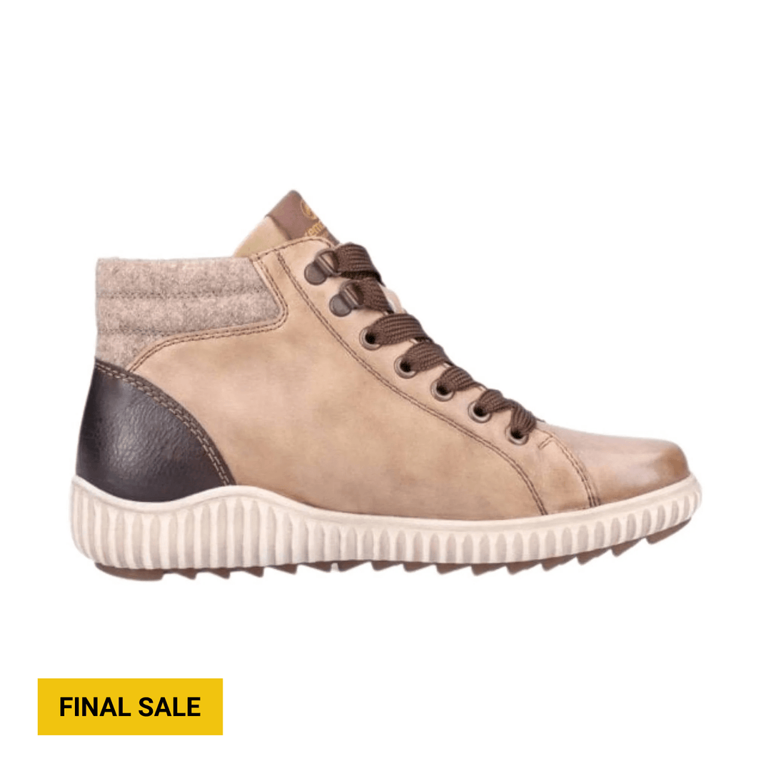 Taupe high-top boot with brown laces, padded collar, and white ribbed sole