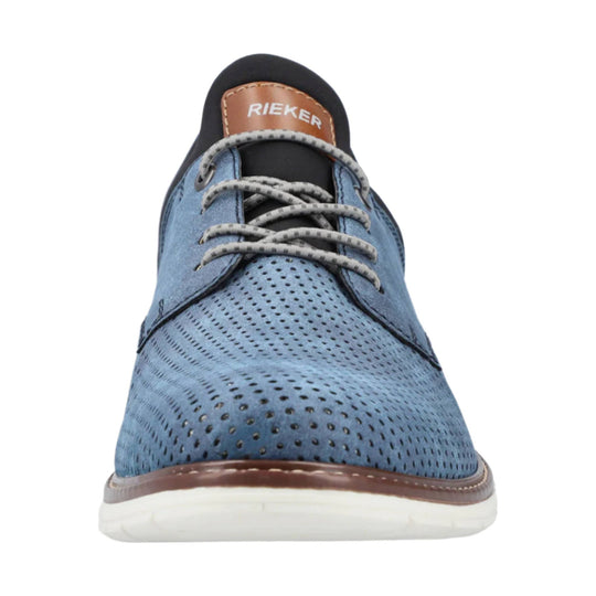 Blue perforated lace-up shoe with brown trim and white sole, front view