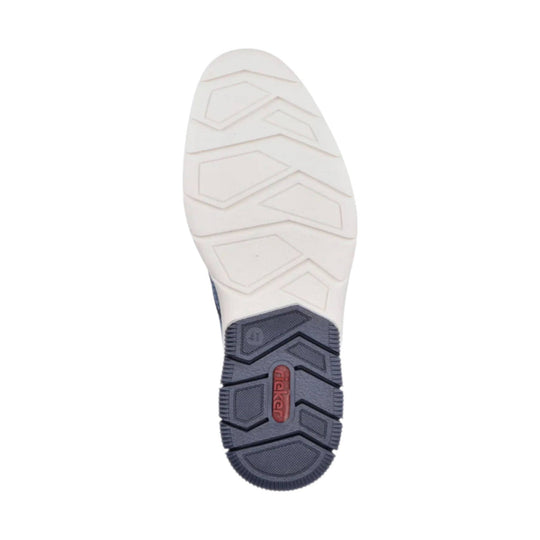 White shoe outsole with dark gray tread and a red Rieker logo