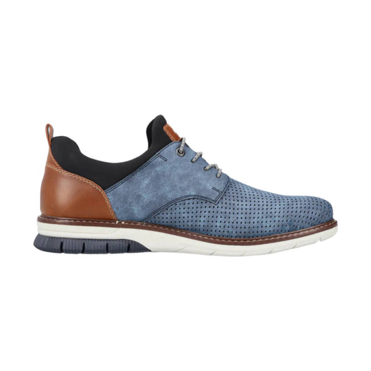 Blue perforated lace-up shoe with brown leather heel, black collar, and white sole