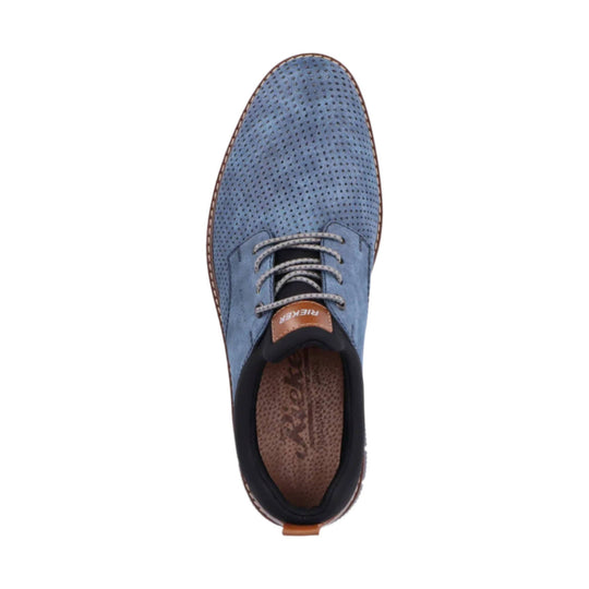 Blue perforated lace-up dress shoe with brown trim and black collar, viewed from above