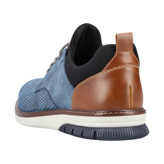 Blue and brown casual lace-up shoe with perforated toe, black collar, and white sole