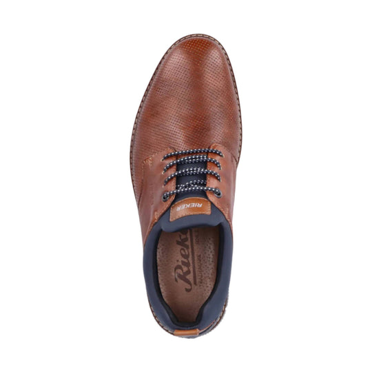 Brown leather lace-up shoe with navy collar and white-speckled laces, viewed from above